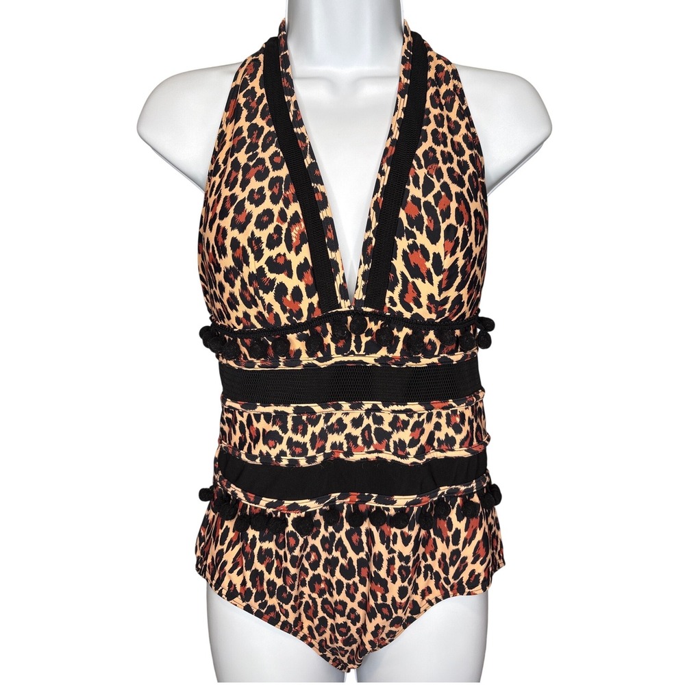 Cocoship Womens Leopard One Piece‎ Halter Swimsuit Sz 10 Pom Pom Ruffle Exotic